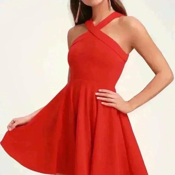 Lulus The Way You Look Tonight Skater Halter Dress Red Womens Size Medium - Picture 2 of 10
